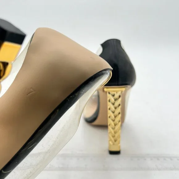 FSJ Gold Clear Gold Metal Chain Chunky High Heel Pointed Toe Slip On Pumps - Picture 6 of 8